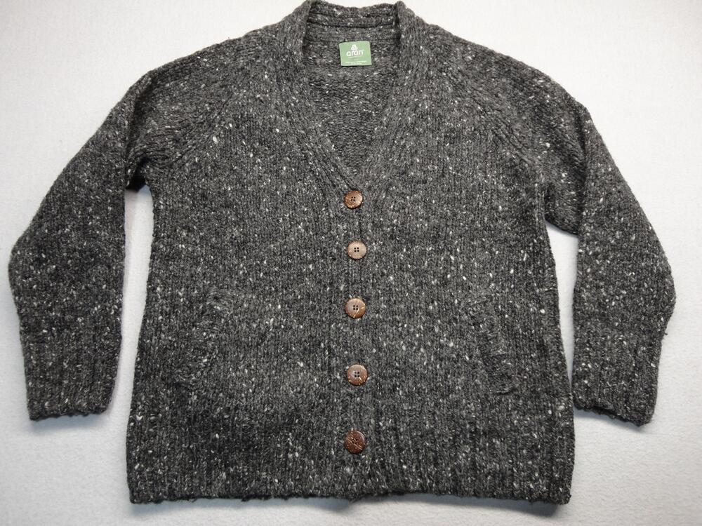 Aran Woollen Mills Sweater Cardigan Womens Small Gray Wool Chunky Knit Pockets